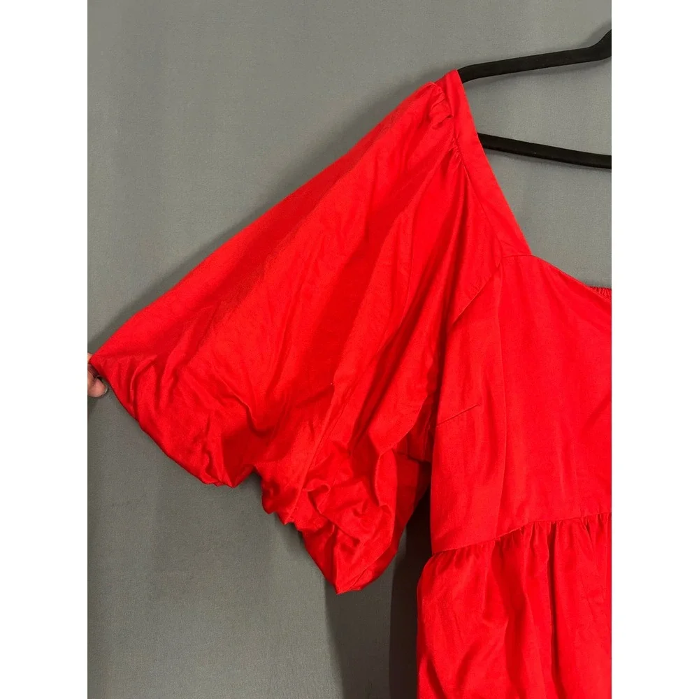 Cottagecore Red Puff Sleeve Peplum Top Square Neck Cotton Poplin Blouse XXL